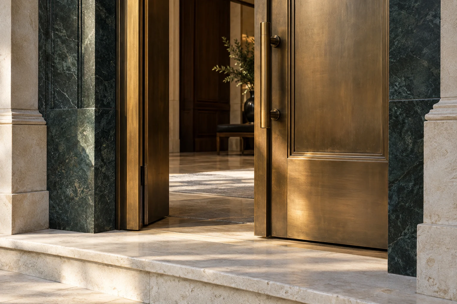 Brass doors framed by green stone at a building entrance.