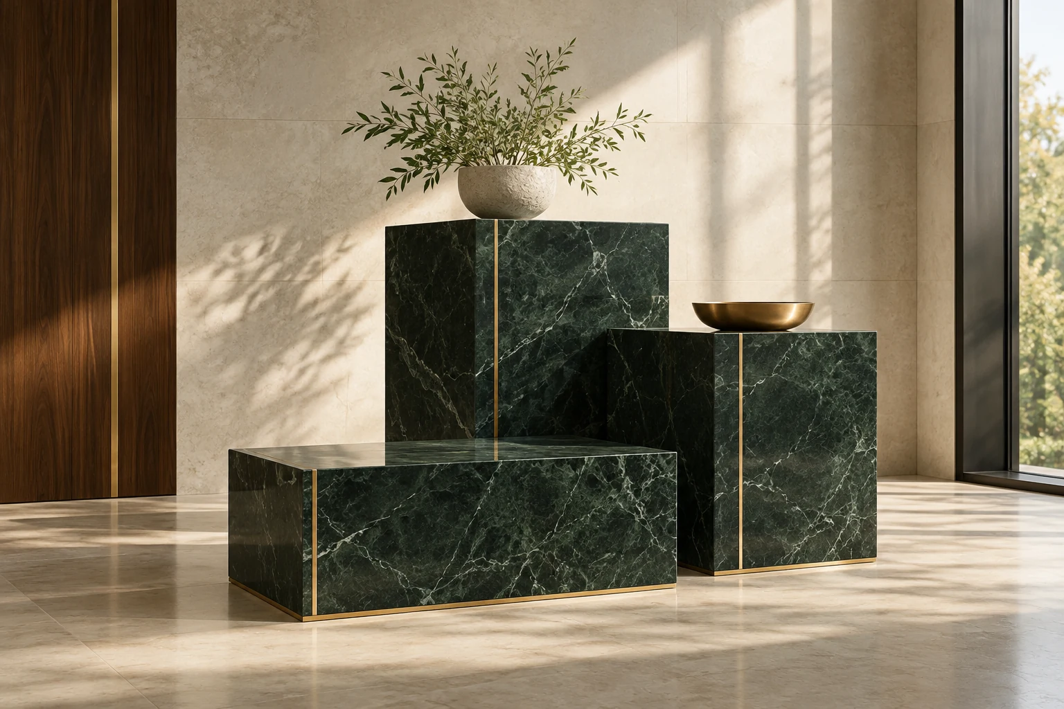 Green marble blocks with brass trim in a sunlit stone interior.